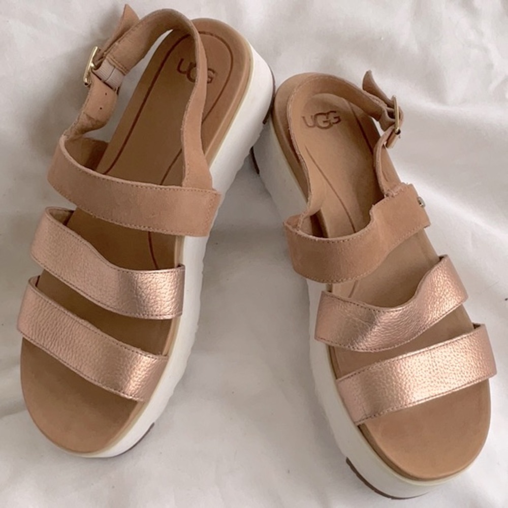 UGG Braelynn Leather and Suede Platform Strappy Sandal in Rose Gold.  Size 10